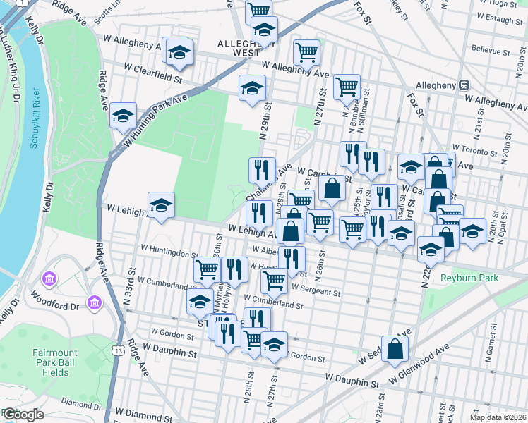 map of restaurants, bars, coffee shops, grocery stores, and more near 2726 North 28th Street in Philadelphia