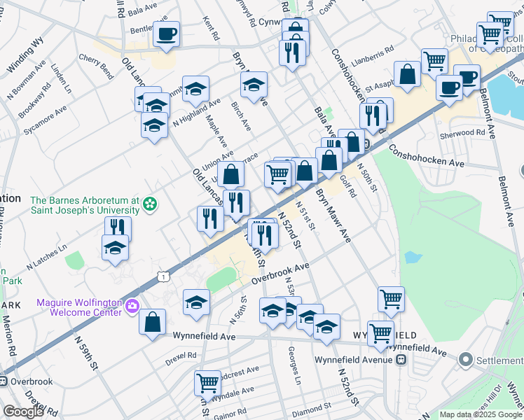 map of restaurants, bars, coffee shops, grocery stores, and more near 5200 City Avenue in Philadelphia