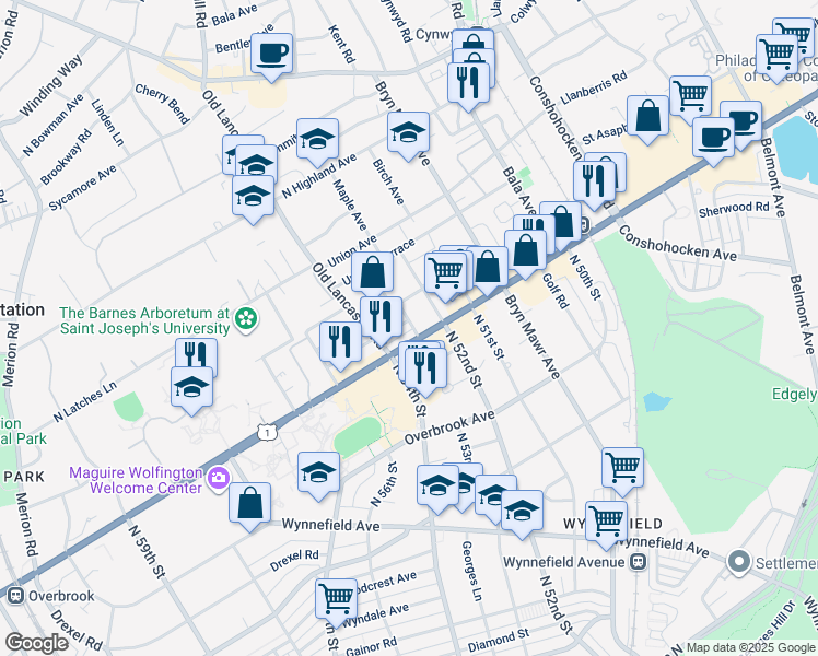 map of restaurants, bars, coffee shops, grocery stores, and more near 5200 City Avenue in Philadelphia