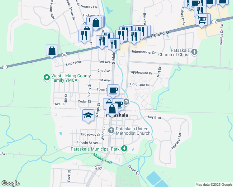 map of restaurants, bars, coffee shops, grocery stores, and more near 275 Poplar Street in Pataskala