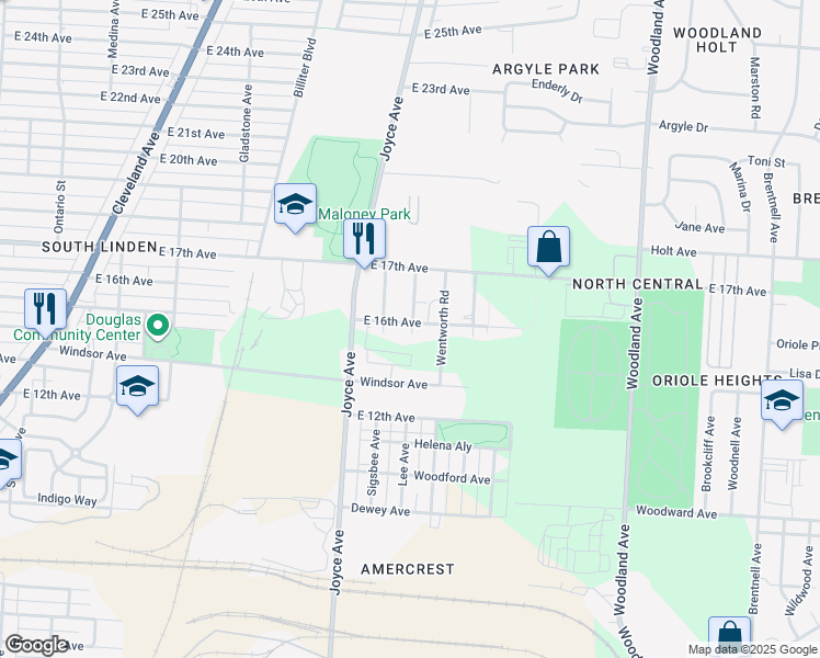 map of restaurants, bars, coffee shops, grocery stores, and more near 1471 Chauncy Road in Columbus