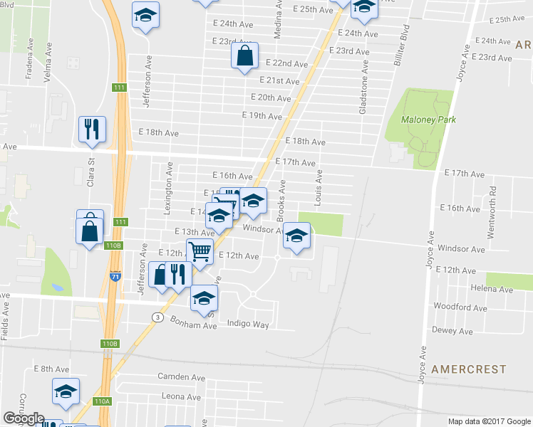 map of restaurants, bars, coffee shops, grocery stores, and more near 1551 Brooks Avenue in Columbus