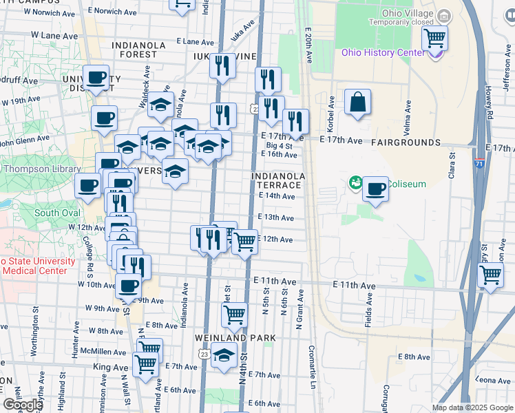 map of restaurants, bars, coffee shops, grocery stores, and more near 350 East 13th Avenue in Columbus