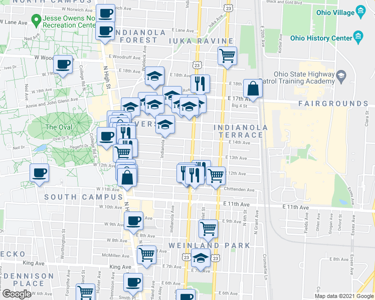 map of restaurants, bars, coffee shops, grocery stores, and more near in Columbus