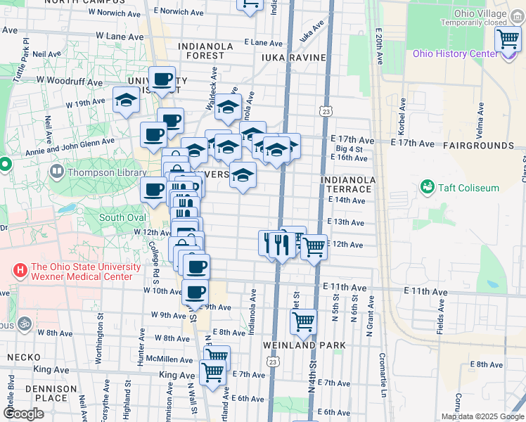 map of restaurants, bars, coffee shops, grocery stores, and more near 183 East 13th Avenue in Columbus