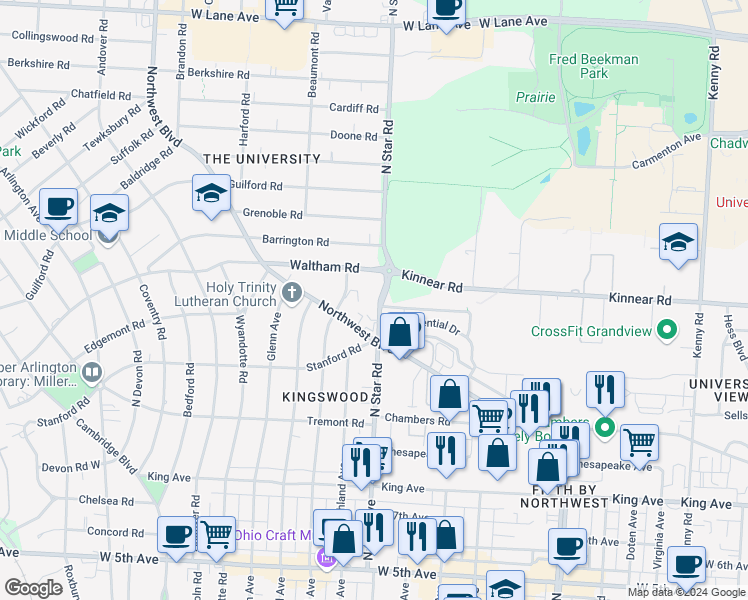 map of restaurants, bars, coffee shops, grocery stores, and more near 1961 North Star Road in Upper Arlington