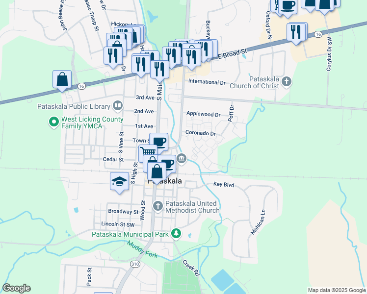 map of restaurants, bars, coffee shops, grocery stores, and more near 88 Coors Boulevard in Pataskala