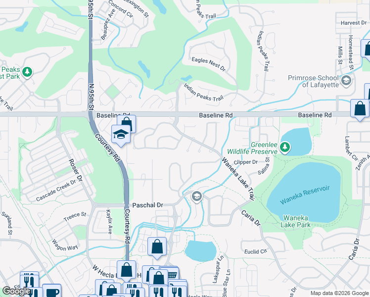 map of restaurants, bars, coffee shops, grocery stores, and more near 121 Overland Court in Lafayette