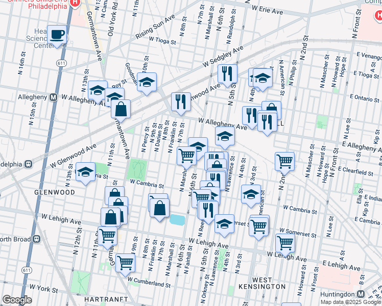 map of restaurants, bars, coffee shops, grocery stores, and more near 3033 North Marshall Street in Philadelphia