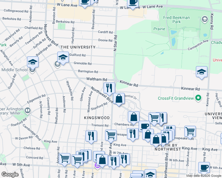 map of restaurants, bars, coffee shops, grocery stores, and more near 1961 North Star Road in Upper Arlington