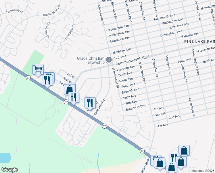 map of restaurants, bars, coffee shops, grocery stores, and more near 302 Savannah Road in Toms River