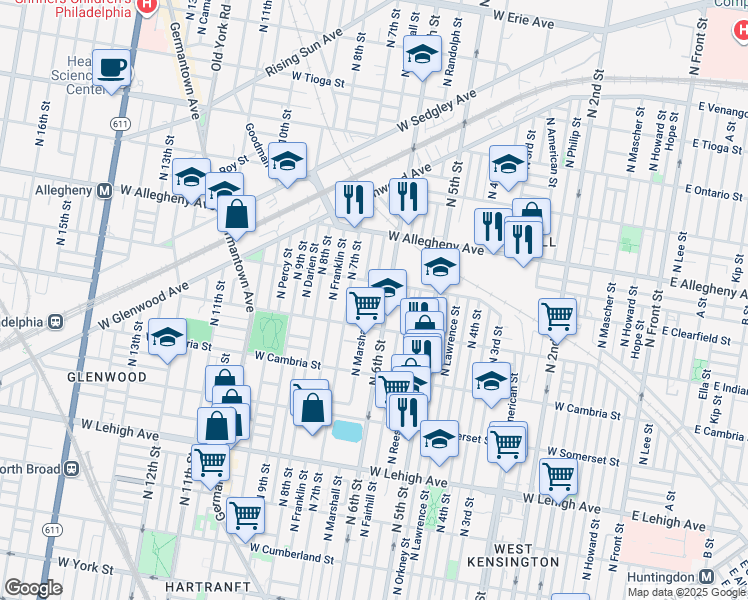 map of restaurants, bars, coffee shops, grocery stores, and more near 3033 North Marshall Street in Philadelphia
