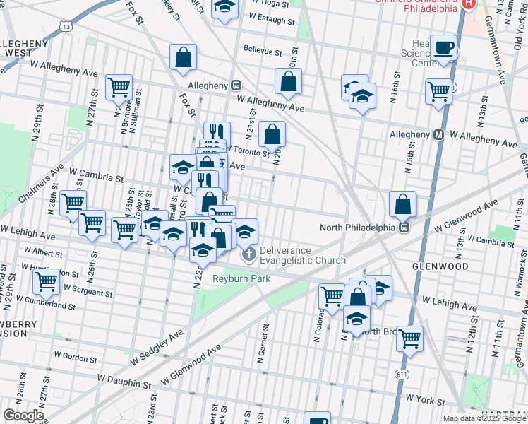 map of restaurants, bars, coffee shops, grocery stores, and more near 2850 North 20th Street in Philadelphia