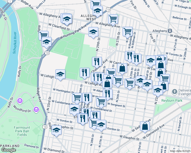 map of restaurants, bars, coffee shops, grocery stores, and more near 2738 North Dover Street in Philadelphia