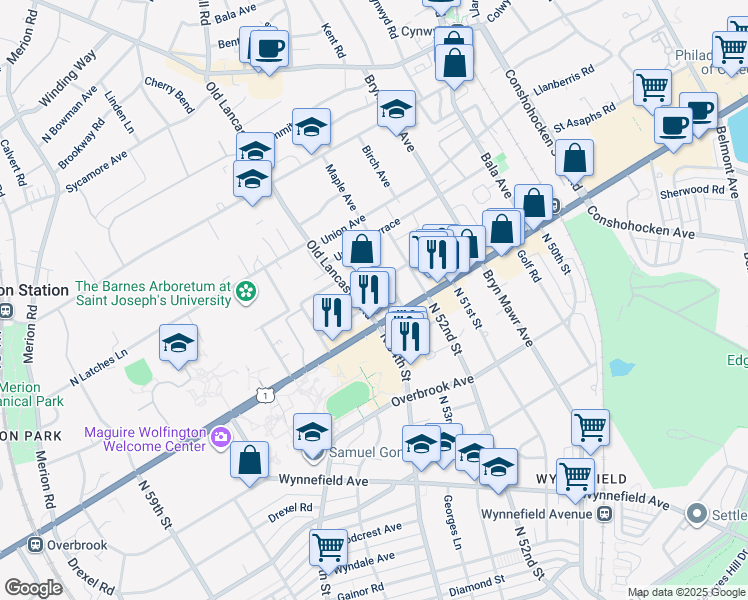 map of restaurants, bars, coffee shops, grocery stores, and more near 171 Stoneway Lane in Bala Cynwyd