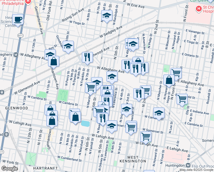 map of restaurants, bars, coffee shops, grocery stores, and more near 3063 North Reese Street in Philadelphia