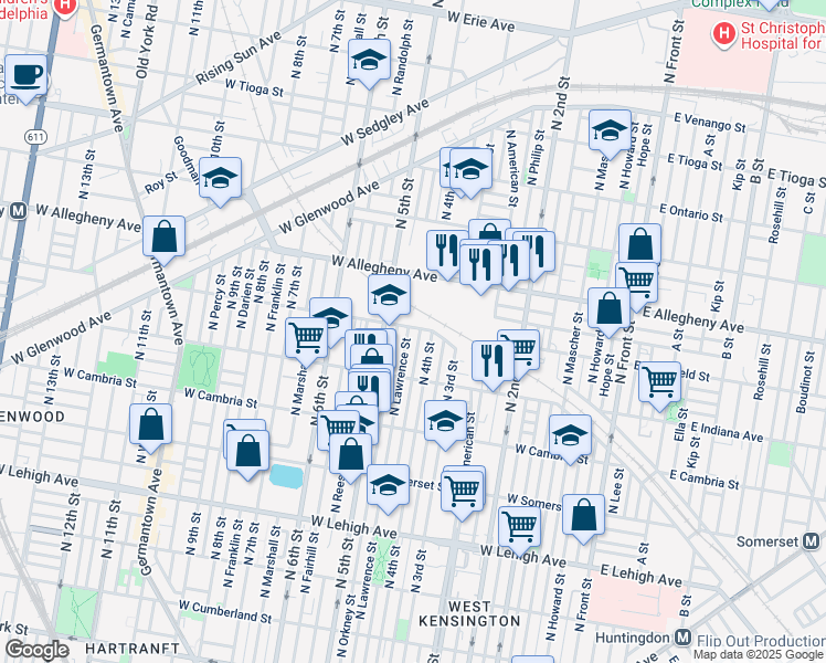 map of restaurants, bars, coffee shops, grocery stores, and more near 3071 North Lawrence Street in Philadelphia