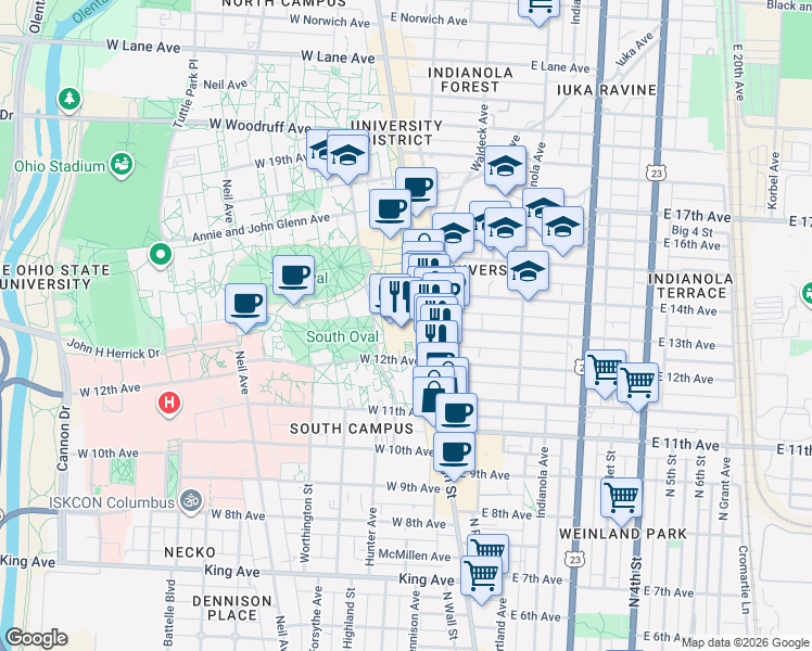 map of restaurants, bars, coffee shops, grocery stores, and more near 1739 North High Street in Columbus