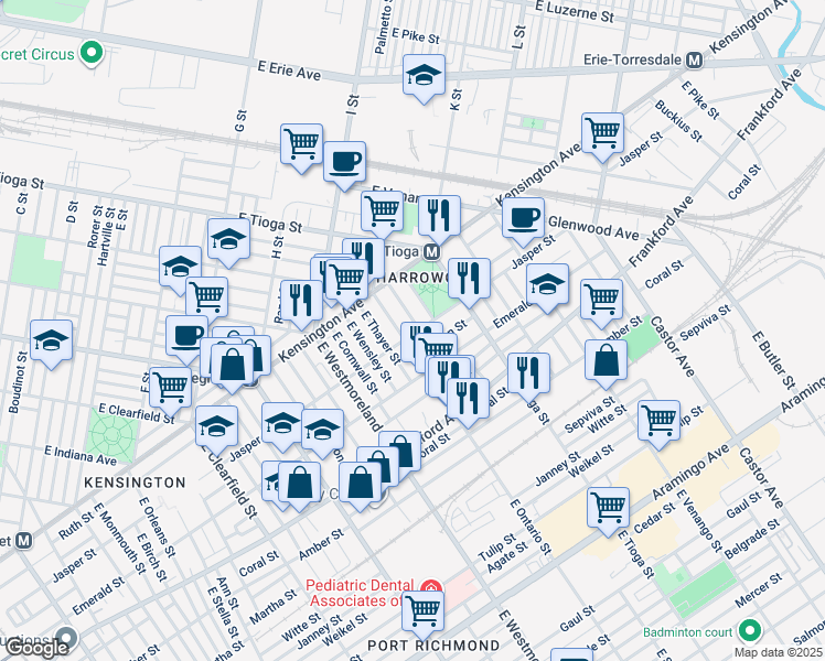 map of restaurants, bars, coffee shops, grocery stores, and more near 3412 Jasper Street in Philadelphia