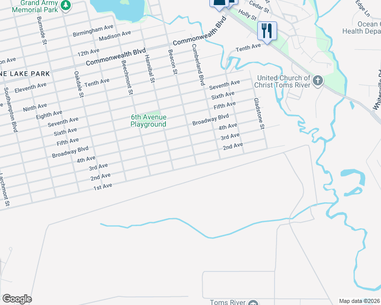 map of restaurants, bars, coffee shops, grocery stores, and more near 1908 2nd Avenue in Toms River