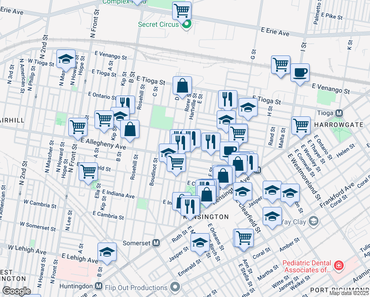 map of restaurants, bars, coffee shops, grocery stores, and more near 3210 Hartville Street in Philadelphia