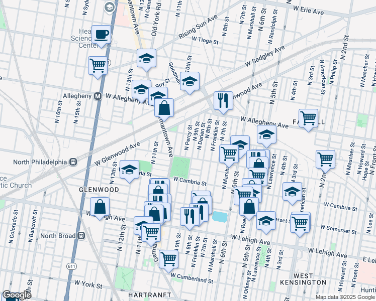map of restaurants, bars, coffee shops, grocery stores, and more near 3009 North Percy Street in Philadelphia