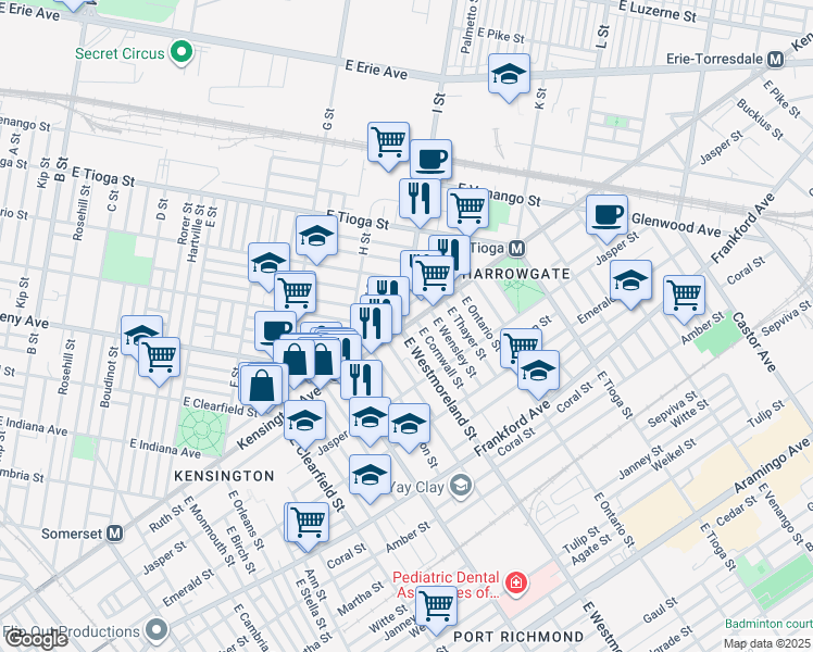 map of restaurants, bars, coffee shops, grocery stores, and more near Kensington Avenue in Philadelphia