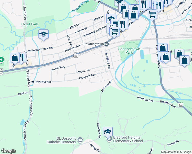 map of restaurants, bars, coffee shops, grocery stores, and more near Victor Drive in Downingtown