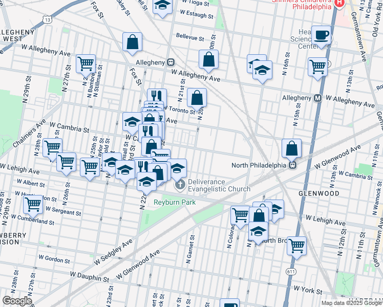 map of restaurants, bars, coffee shops, grocery stores, and more near 2850 North 20th Street in Philadelphia
