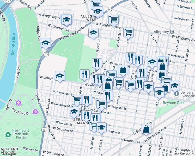 map of restaurants, bars, coffee shops, grocery stores, and more near 2726 North 28th Street in Philadelphia