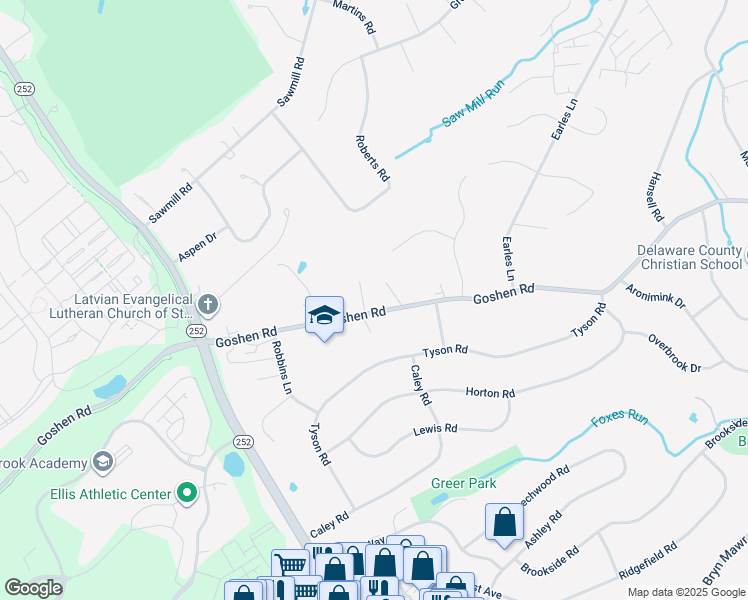 map of restaurants, bars, coffee shops, grocery stores, and more near 3511 Goshen Road in Newtown Square