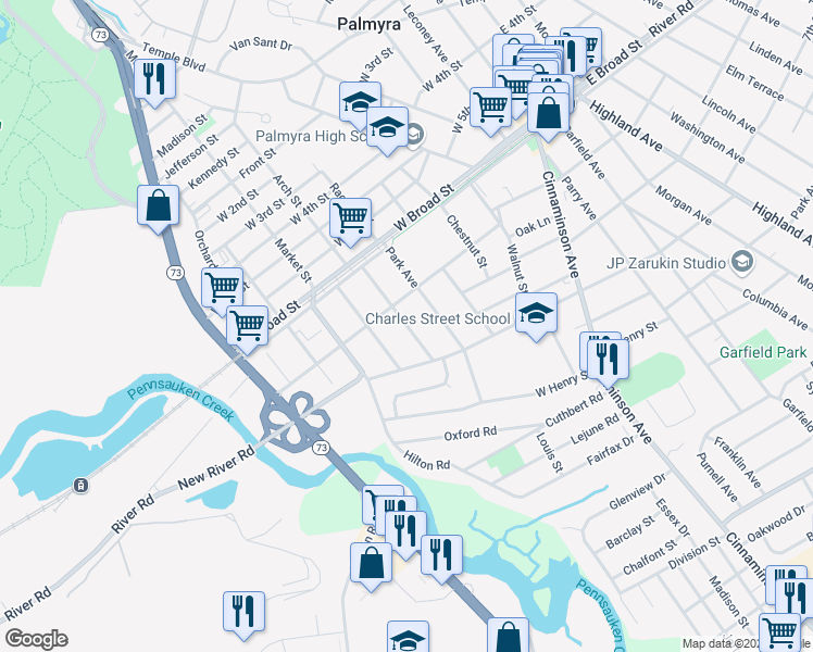 map of restaurants, bars, coffee shops, grocery stores, and more near 709 Pennsylvania Avenue in Palmyra