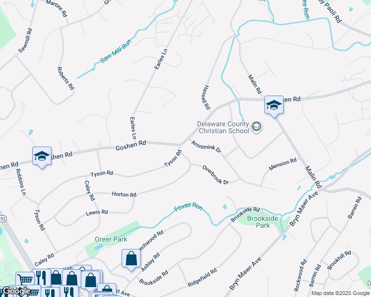 map of restaurants, bars, coffee shops, grocery stores, and more near 297 Horton Road in Newtown Square