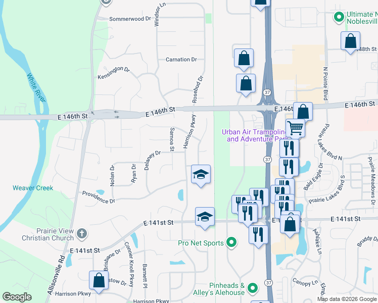 map of restaurants, bars, coffee shops, grocery stores, and more near 14384 Harrison Parkway in Fishers