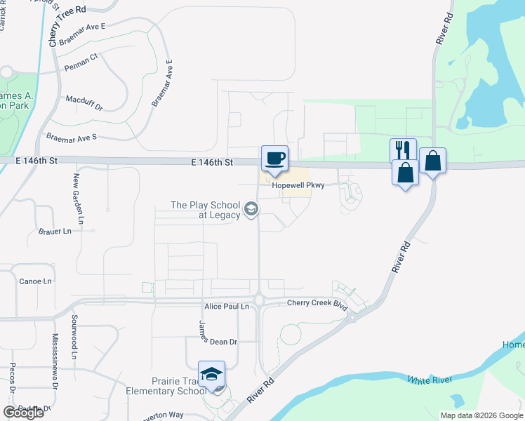 map of restaurants, bars, coffee shops, grocery stores, and more near 14451 Community Drive in Carmel