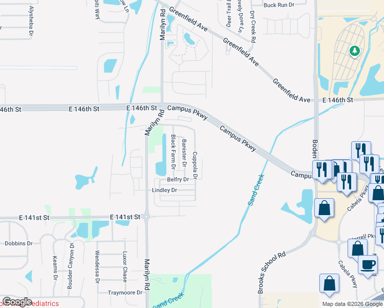 map of restaurants, bars, coffee shops, grocery stores, and more near 14373 Cuppola Drive in Noblesville