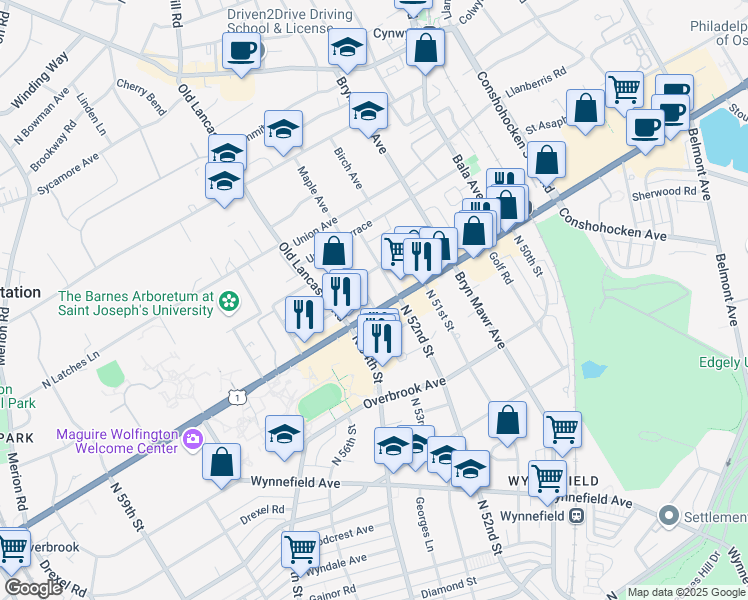 map of restaurants, bars, coffee shops, grocery stores, and more near 1 Oakland Terrace in Montgomery