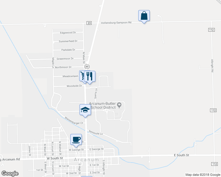 map of restaurants, bars, coffee shops, grocery stores, and more near 114 East Woodside Drive in Arcanum