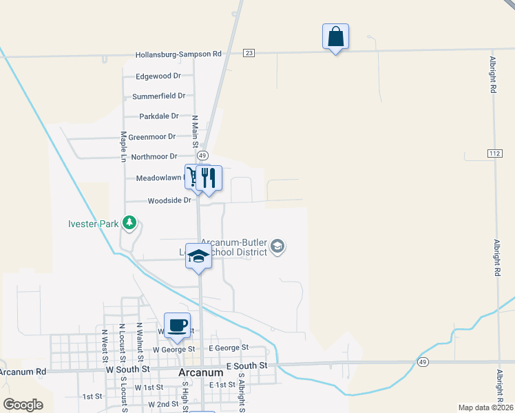 map of restaurants, bars, coffee shops, grocery stores, and more near 114 East Woodside Drive in Arcanum