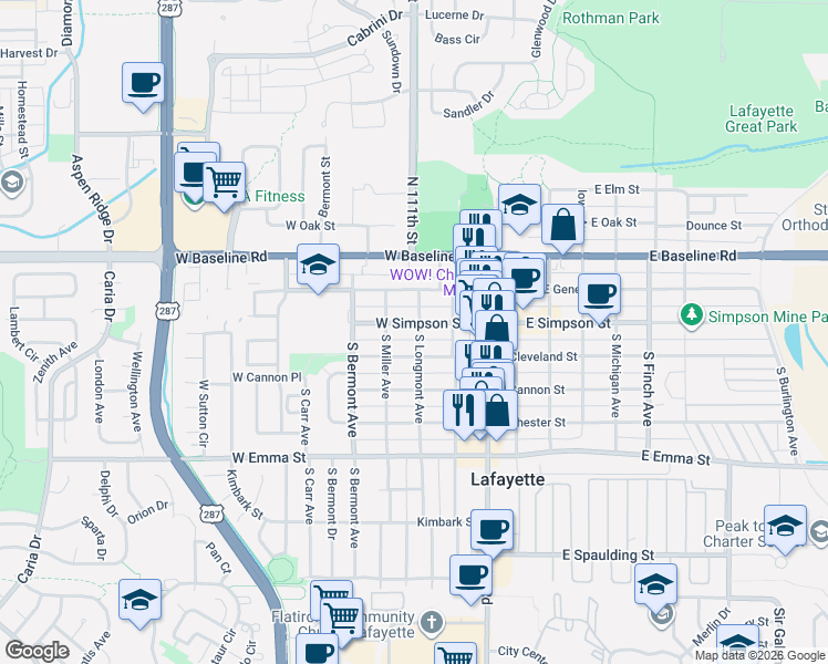 map of restaurants, bars, coffee shops, grocery stores, and more near 209 West Cleveland Street in Lafayette