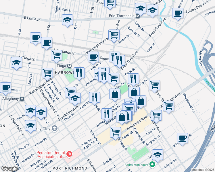 map of restaurants, bars, coffee shops, grocery stores, and more near 2065 East Venango Street in Philadelphia