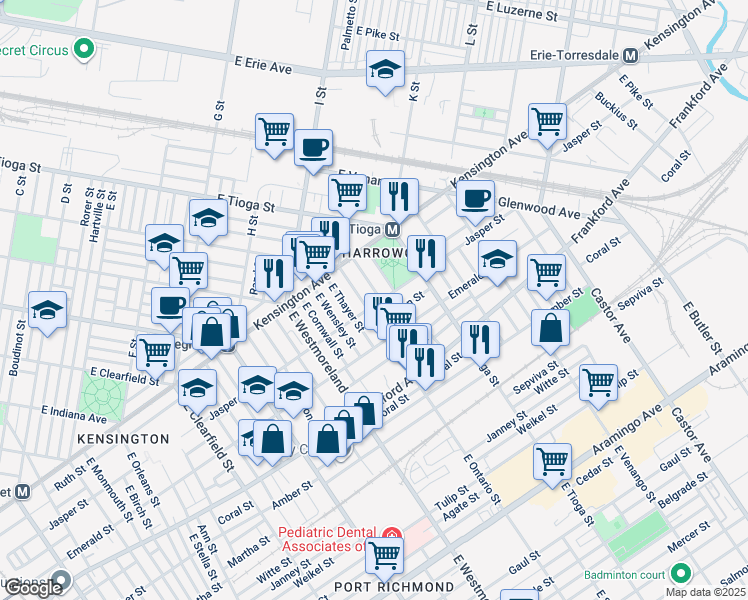 map of restaurants, bars, coffee shops, grocery stores, and more near 3412 Jasper Street in Philadelphia