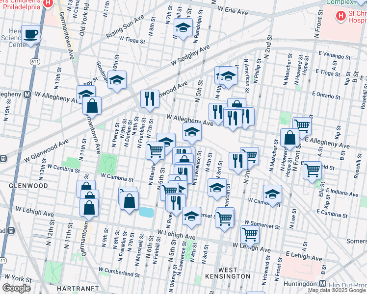 map of restaurants, bars, coffee shops, grocery stores, and more near 3065 North Reese Street in Philadelphia