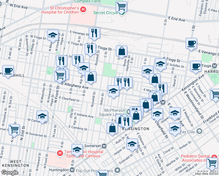 map of restaurants, bars, coffee shops, grocery stores, and more near 3208 Hurley Street in Philadelphia