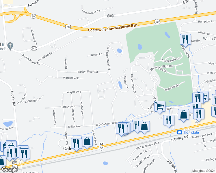 map of restaurants, bars, coffee shops, grocery stores, and more near 2565 Clothier Street in Coatesville