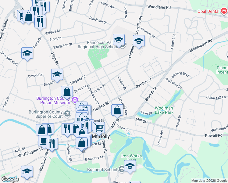 map of restaurants, bars, coffee shops, grocery stores, and more near 209 Garden Street in Mount Holly