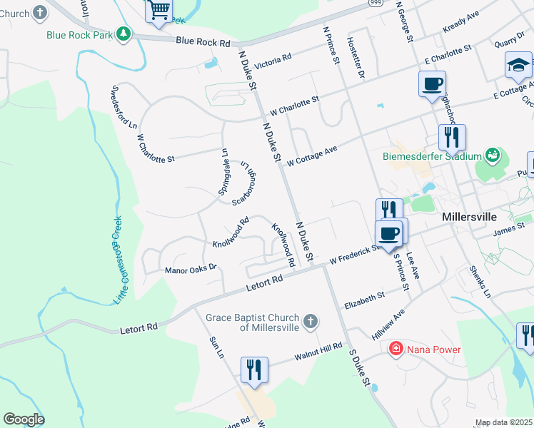 map of restaurants, bars, coffee shops, grocery stores, and more near 180 Knollwood Rd in Millersville