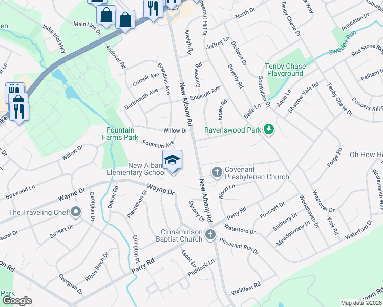map of restaurants, bars, coffee shops, grocery stores, and more near 723 Fountain Court in Cinnaminson