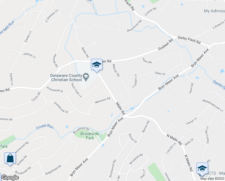 map of restaurants, bars, coffee shops, grocery stores, and more near 833 Malin Road in Newtown Square