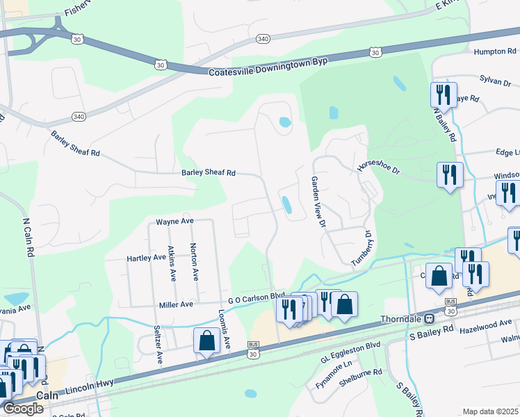 map of restaurants, bars, coffee shops, grocery stores, and more near 2569 Clothier Street in Coatesville